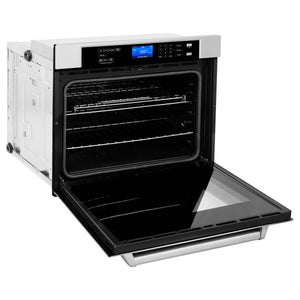 ZLINE 30 in. Professional Electric Single Wall Oven with Self Clean and True Convection in Stainless Steel (AWS-30) side, oven open.