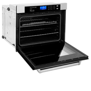 ZLINE 30 in. Professional Electric Single Wall Oven with Self Clean and True Convection in Stainless Steel (AWS-30) side, oven open.