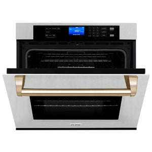 ZLINE Autograph Edition 30 in. Electric Single Wall Oven with Self Clean and True Convection in Fingerprint Resistant Stainless Steel and Polished Gold Accents (AWSSZ-30-G) front, half open.