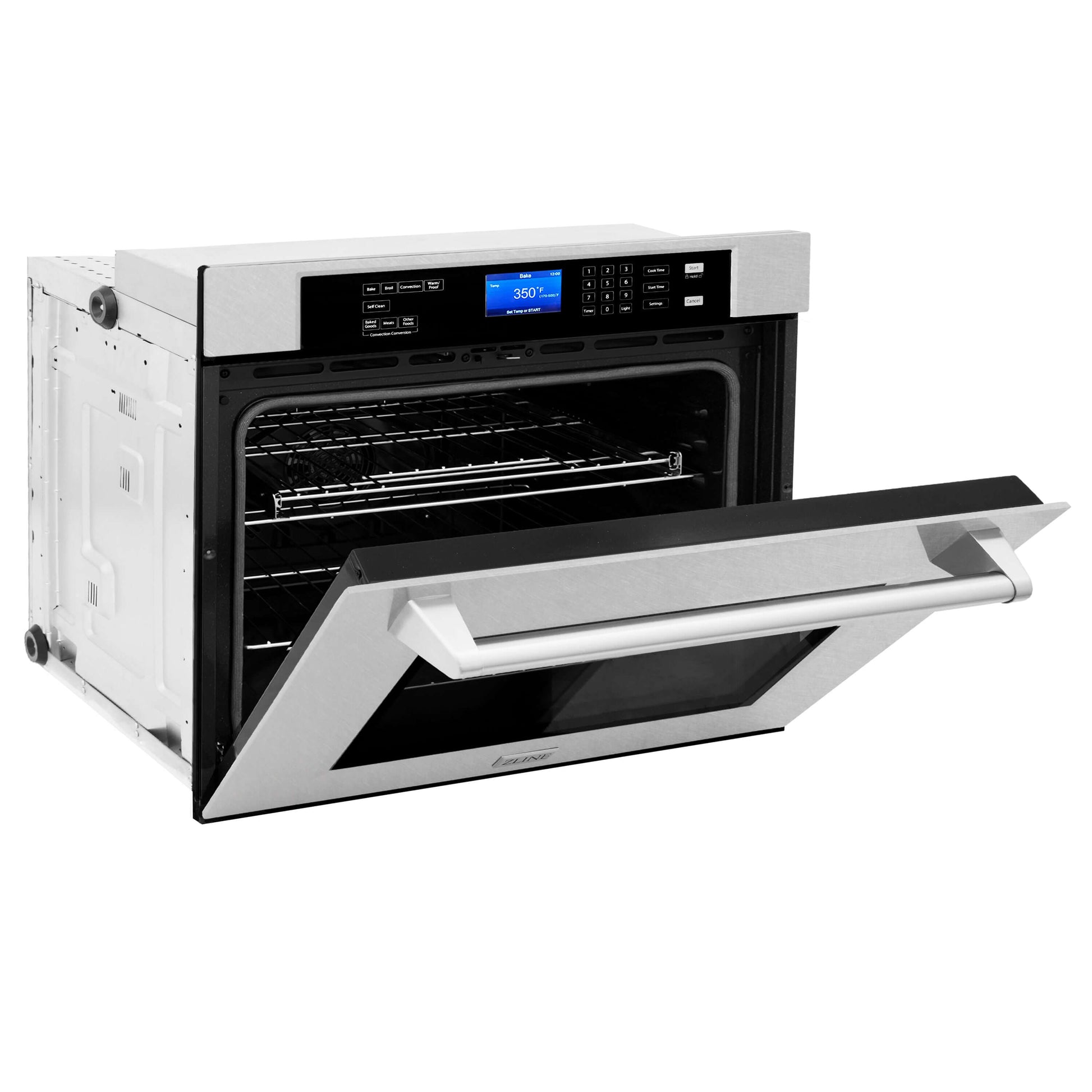 ZLINE 30 in. Professional Electric Single Wall Oven with Self Clean and True Convection in Fingerprint Resistant Stainless Steel (AWSS-30) side, half open.