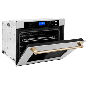 ZLINE Autograph Edition 30 in. Electric Single Wall Oven with Self Clean and True Convection in Fingerprint Resistant Stainless Steel and Polished Gold Accents (AWSSZ-30-G) side, half open.