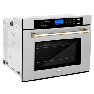 ZLINE Autograph Edition 30 in. Electric Single Wall Oven with Self Clean and True Convection in Fingerprint Resistant Stainless Steel and Polished Gold Accents (AWSSZ-30-G) side, closed.