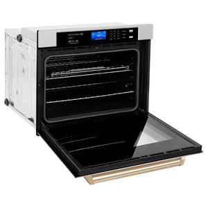 ZLINE Autograph Edition 30 in. Electric Single Wall Oven with Self Clean and True Convection in Fingerprint Resistant Stainless Steel and Polished Gold Accents (AWSSZ-30-G) side, open.
