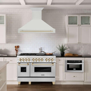 ZLINE Autograph Edition 48 in. Stainless Steel Range Hood with Stainless Steel Shell and Polished Gold Handle (8654STZ-48-G) in a luxury farmhouse-style kitchen