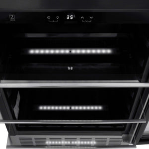 ZLINE Autograph Edition 24 in. Monument 154 Can Beverage Fridge in Stainless Steel with Matte Black Accents (RBVZ-US-24-MB) close-up, adjustable glass shelving and display from above.