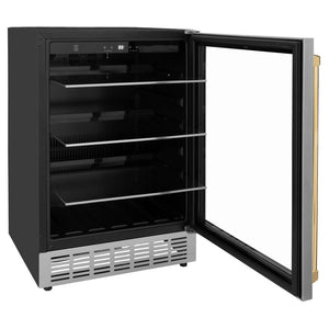 ZLINE Autograph Edition 24 in. Monument 154 Can Beverage Fridge in Stainless Steel with Polished Gold Accents (RBVZ-US-24-G) side, open, shelves extended.