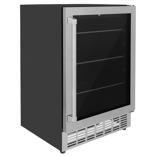 ZLINE 24 in. Monument 154 Can Beverage Fridge in Stainless Steel (RBV-US-24) side, door closed.