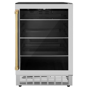 ZLINE Autograph Edition 24 in. Monument 154 Can Beverage Fridge in Stainless Steel with Polished Gold Accents (RBVZ-US-24-G) front.