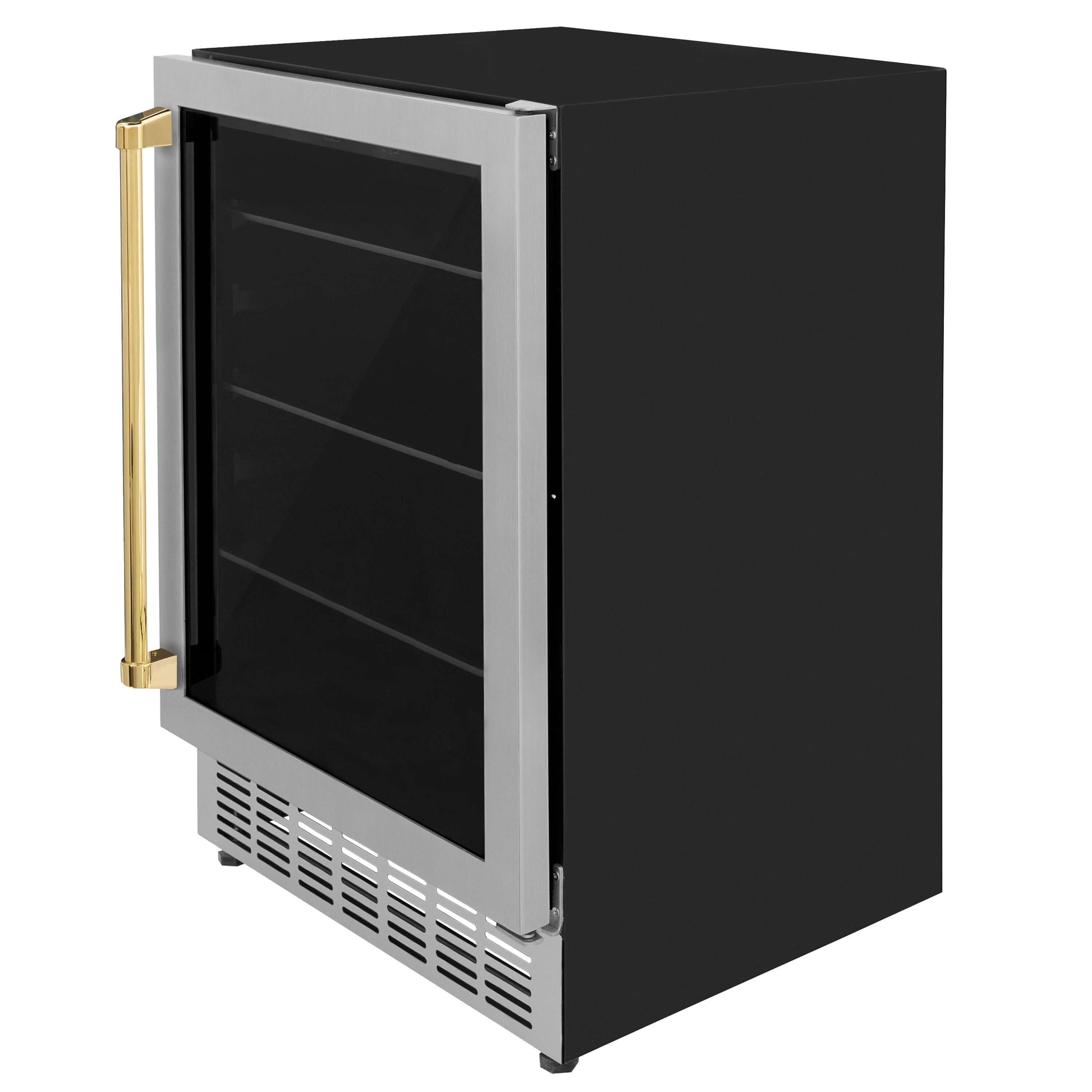 ZLINE Autograph Edition 24 in. Monument 154 Can Beverage Fridge in Stainless Steel with Polished Gold Accents (RBVZ-US-24-G) side, door closed.