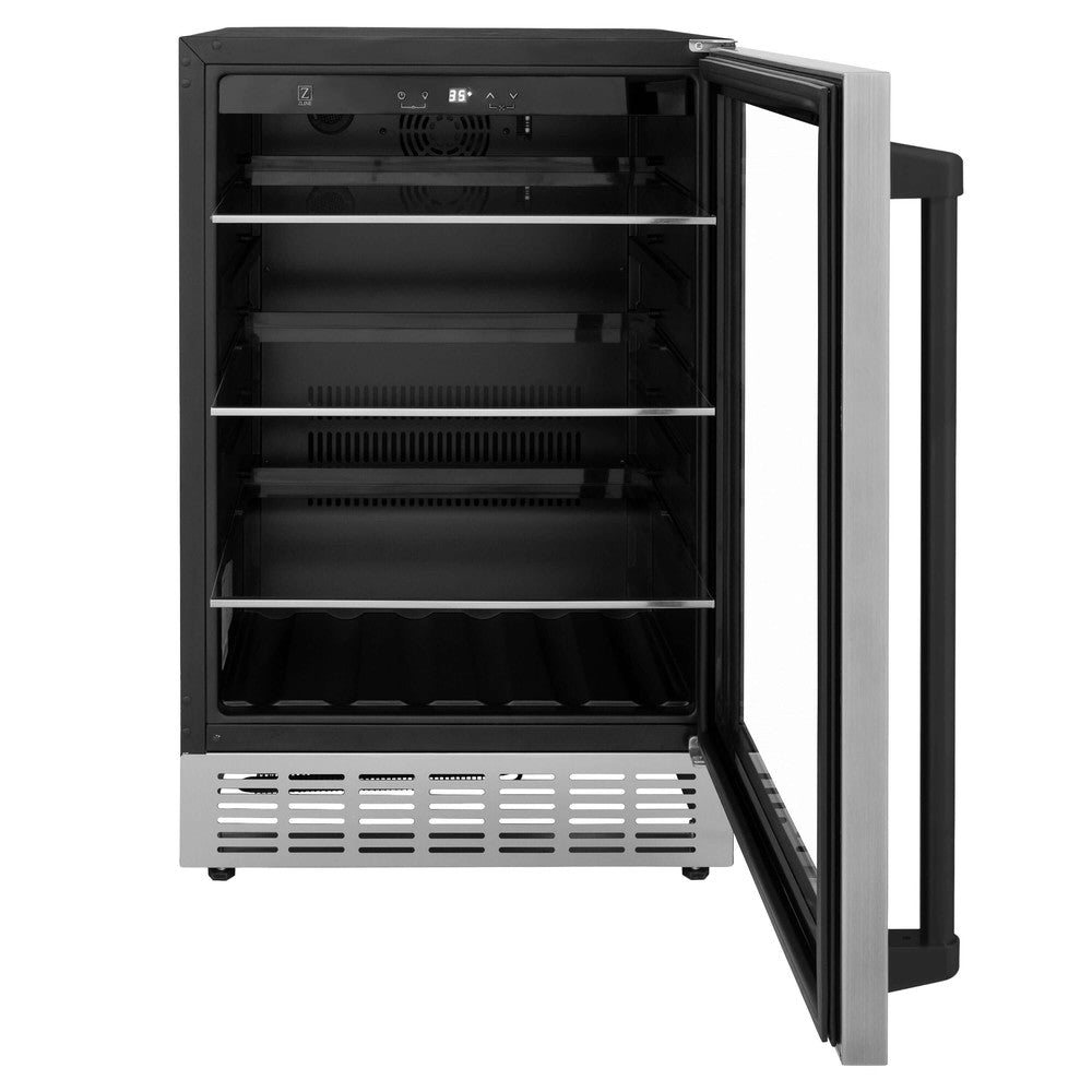 ZLINE Autograph Edition 24 in. Monument 154 Can Beverage Fridge in Stainless Steel with Matte Black Accents (RBVZ-US-24-MB) front, door open.