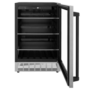 ZLINE Autograph Edition 24 in. Monument 154 Can Beverage Fridge in Stainless Steel with Matte Black Accents (RBVZ-US-24-MB) front, open.