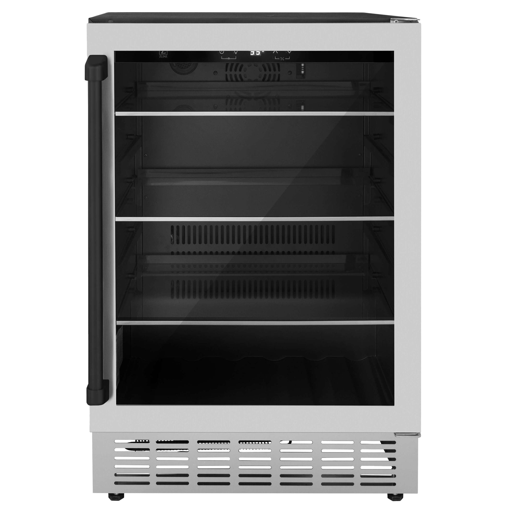 ZLINE Autograph Edition 24 in. Monument 154 Can Beverage Fridge in Stainless Steel with Matte Black Accents (RBVZ-US-24-MB) front.