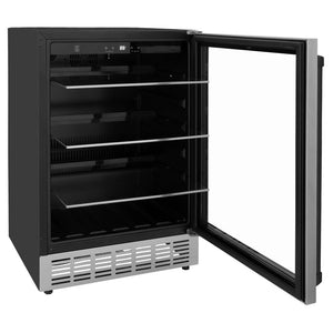 ZLINE Autograph Edition 24 in. Monument 154 Can Beverage Fridge in Stainless Steel with Matte Black Accents (RBVZ-US-24-MB) side, open with adjustable shelving extended.