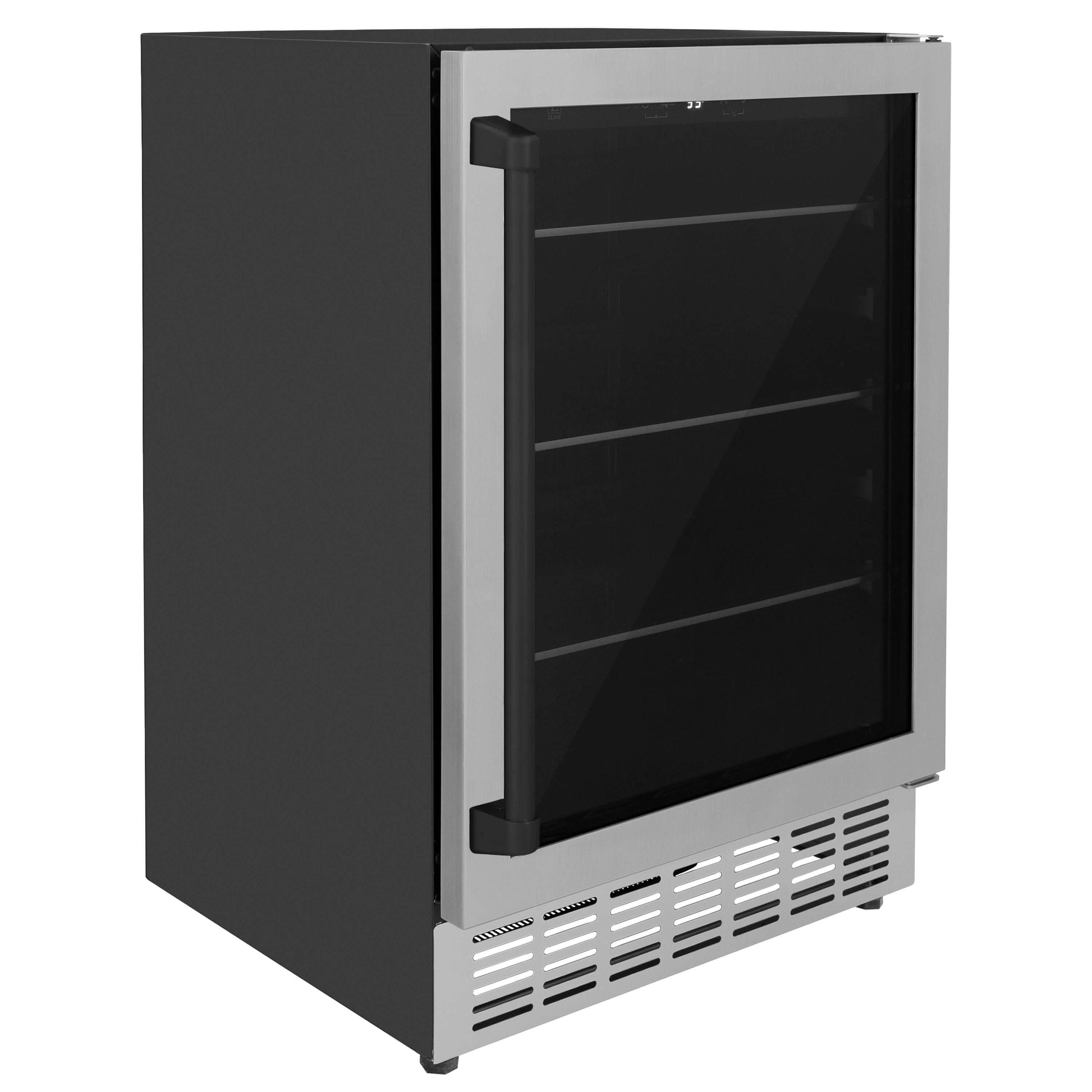 ZLINE Autograph Edition 24 in. Monument 154 Can Beverage Fridge in Stainless Steel with Matte Black Accents (RBVZ-US-24-MB) side, door closed.