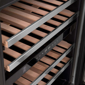 ZLINE Autograph Edition 24 in. Monument Dual Zone 44-Bottle Wine Cooler in Stainless Steel with Matte Black Accents (RWVZ-UD-24-MB) close-up, wooden racks and control panel.