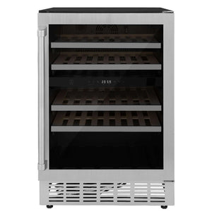 ZLINE 24 In. Monument Dual Zone 44-Bottle Wine Cooler in Stainless Steel with Wood Shelf (RWV-UD-24) front.