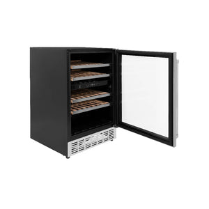 ZLINE 24 In. Monument Dual Zone 44-Bottle Wine Cooler in Stainless Steel with Wood Shelf (RWV-UD-24) side, door open.