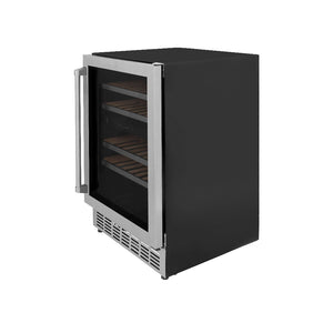 ZLINE 24 In. Monument Dual Zone 44-Bottle Wine Cooler in Stainless Steel with Wood Shelf (RWV-UD-24) side, door closed.