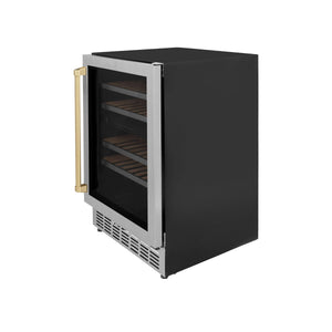 ZLINE Autograph Edition 24 in. Monument Dual Zone 44-Bottle Wine Cooler in Stainless Steel with Champagne Bronze Accents (RWVZ-UD-24-CB) side, door closed.