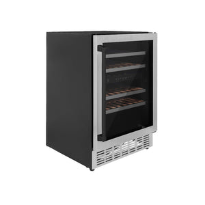 ZLINE Autograph Edition 24 in. Monument Dual Zone 44-Bottle Wine Cooler in Stainless Steel with Matte Black Accents (RWVZ-UD-24-MB) side, door closed.