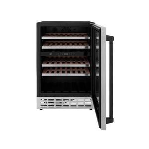 ZLINE Autograph Edition 24 in. Monument Dual Zone 44-Bottle Wine Cooler in Stainless Steel with Matte Black Accents (RWVZ-UD-24-MB) front, door open.