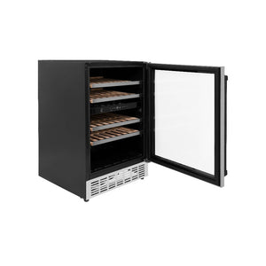 ZLINE Autograph Edition 24 in. Monument Dual Zone 44-Bottle Wine Cooler in Stainless Steel with Matte Black Accents (RWVZ-UD-24-MB) side, door open.