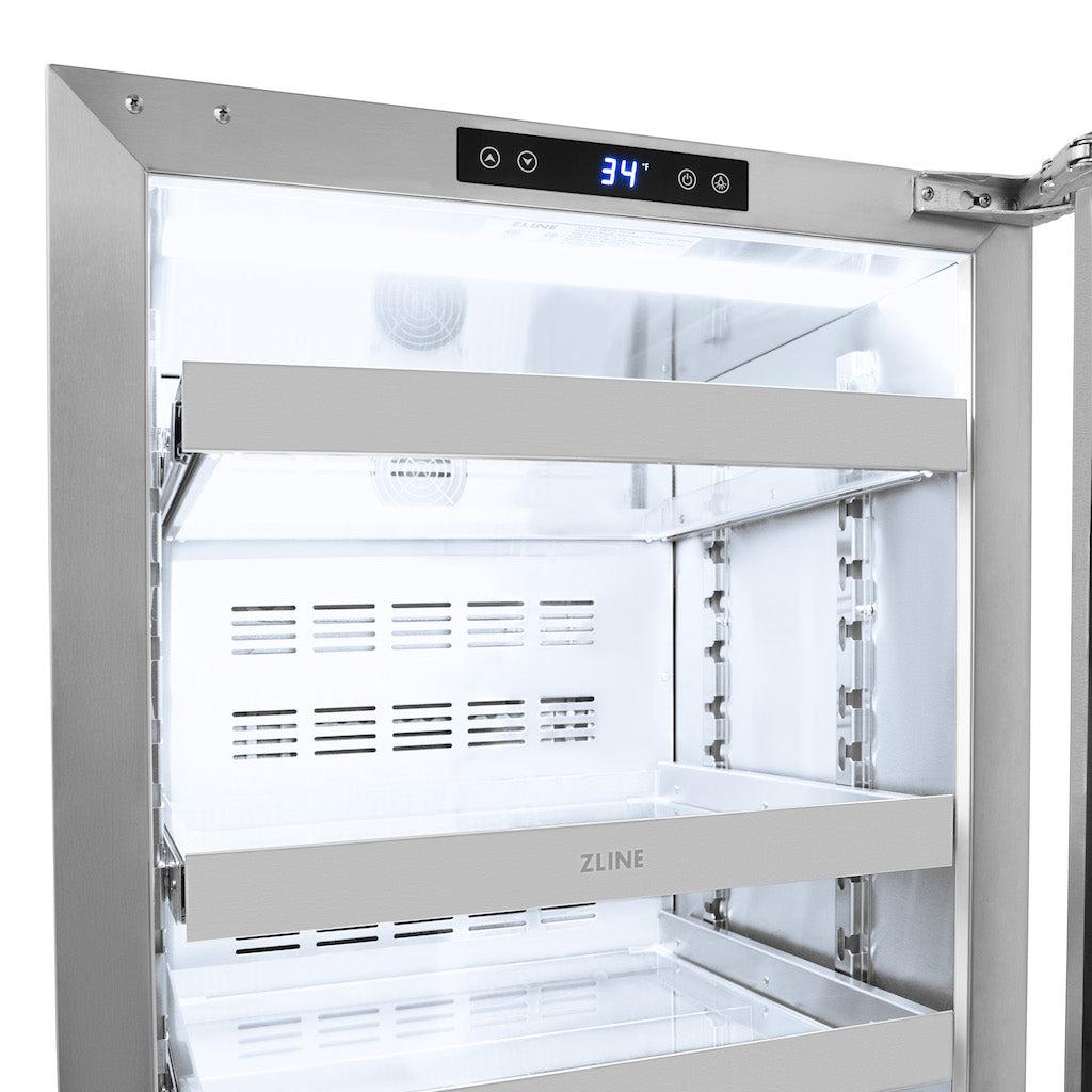 ZLINE 24 in. Touchstone 151 Can Beverage Fridge With Panel Ready Glass Door (RBSPO-24) front, door open, top two shelves and LED display close up.