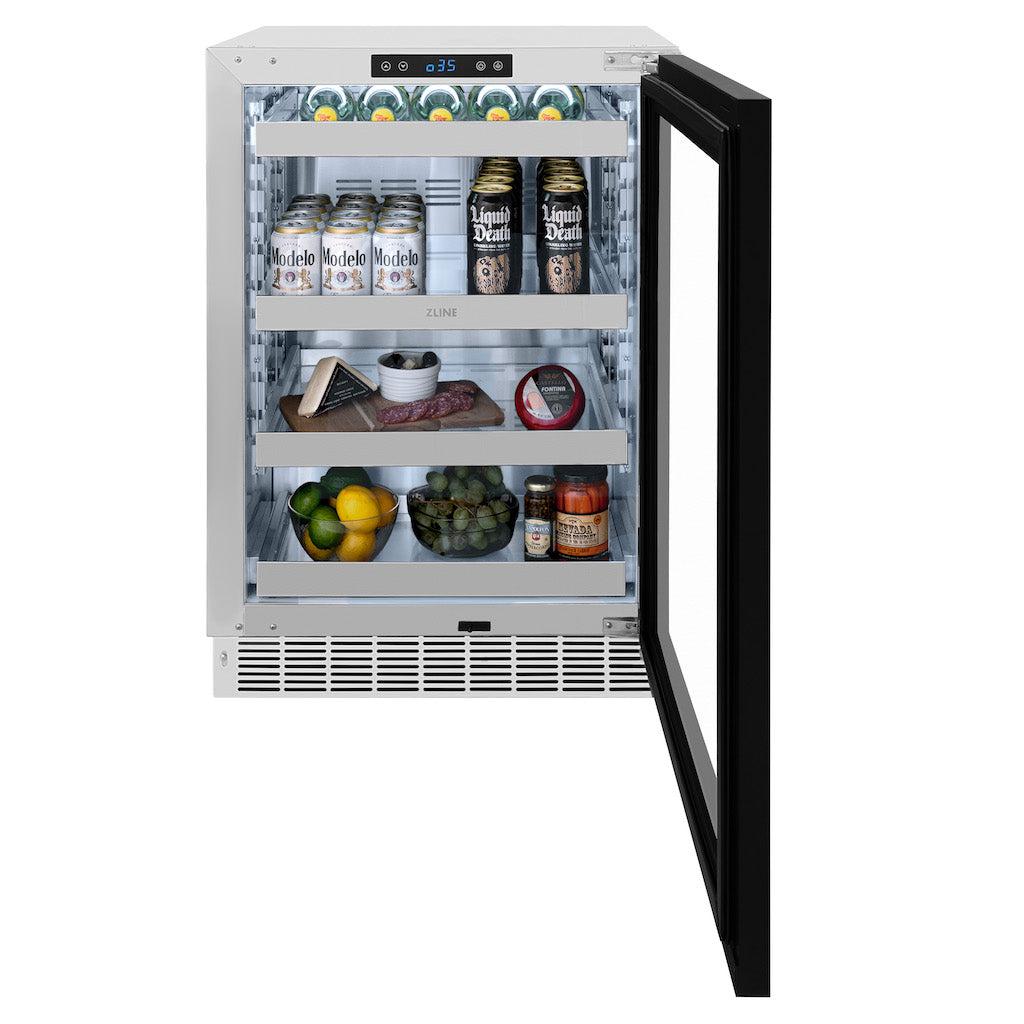 ZLINE 24 in. Touchstone 151 Can Beverage Fridge With Panel Ready Glass Door (RBSPO-24) front, open, with food and beverages inside.