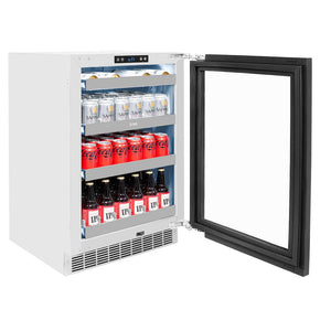 ZLINE 24 in. Touchstone 151 Can Beverage Fridge With Panel Ready Glass Door (RBSPO-24) side, open with drinks inside on adjustable shelving.