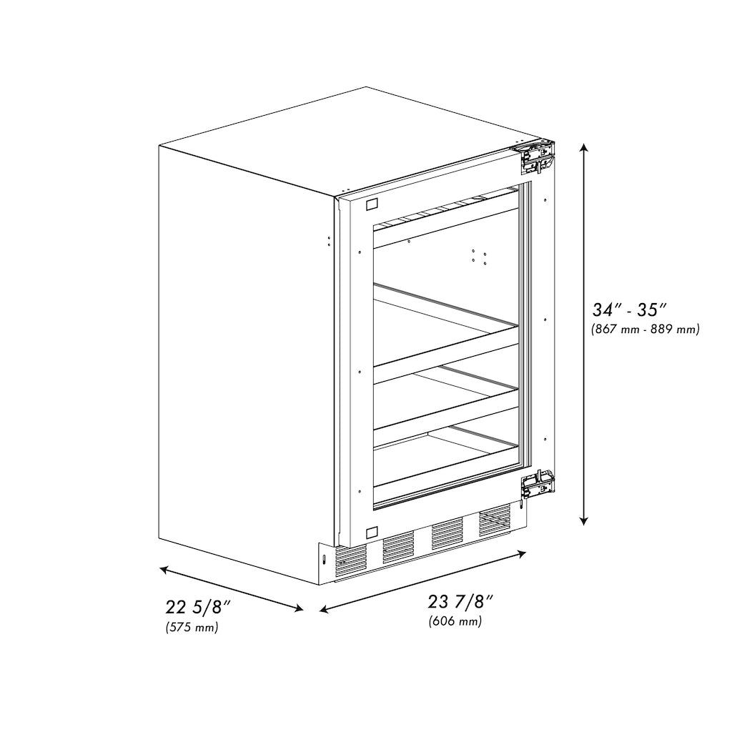 ZLINE Autograph Edition 24 in. Touchstone 151 Can Beverage Fridge With Panel Ready Glass Door And Champagne Bronze Handle (RBSPOZ-24-CB) dimensional diagram.