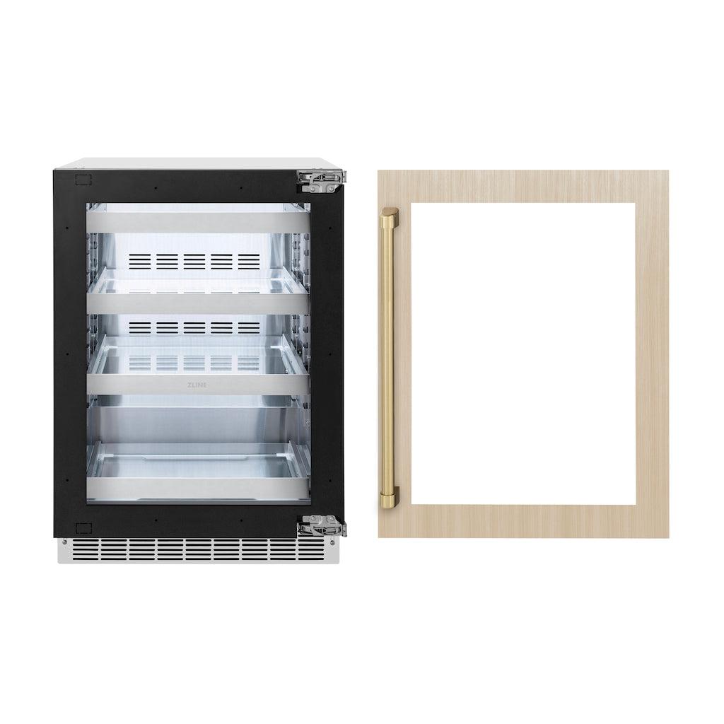 ZLINE Autograph Edition 24 in. Touchstone 151 Can Beverage Fridge With Panel Ready Glass Door And Champagne Bronze Handle (RBSPOZ-24-CB) front. Refrigeration unit next to custom panel with included handle.