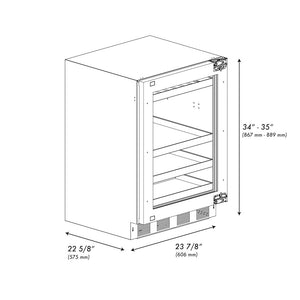 ZLINE Autograph Edition 24 in. Touchstone 151 Can Beverage Fridge With Panel Ready Glass Door And Polished Gold Handle (RBSPOZ-24-G) dimensional diagram.