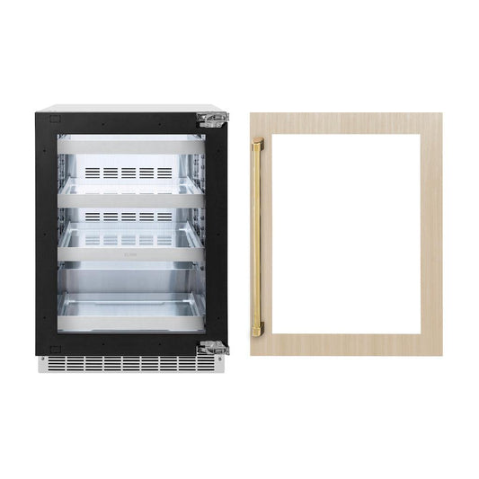 ZLINE Autograph Edition 24 in. Touchstone 151 Can Beverage Fridge With Panel Ready Glass Door And Polished Gold Handle (RBSPOZ-24-G) front. Refrigeration unit next to custom panel with included handle.