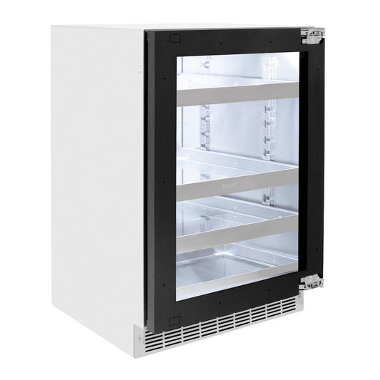 ZLINE Autograph Edition 24 in. Touchstone 151 Can Beverage Fridge With Panel Ready Glass Door And Polished Gold Handle (RBSPOZ-24-G) side, closed.