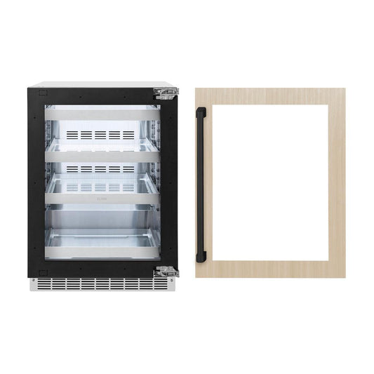 ZLINE Autograph Edition 24 in. Touchstone 151 Can Beverage Fridge With Panel Ready Glass Door And Matte Black Handle (RBSPOZ-24-MB) front. Refrigeration unit next to custom panel with included handle.