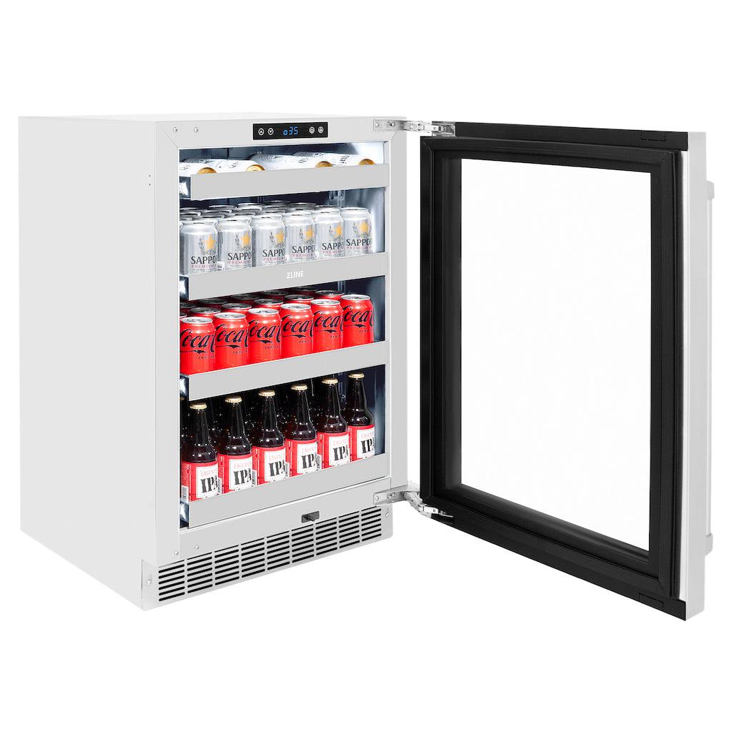 ZLINE Touchstone Under Counter Stainless Steel Beverage Fridge side with door open and beverages inside.
