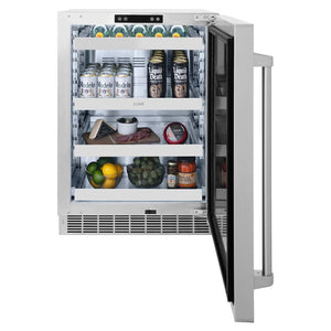 ZLINE 24 in. Touchstone 151 Can Beverage Fridge With Solid Stainless Steel Door (RBSO-ST-24) front, open, full.