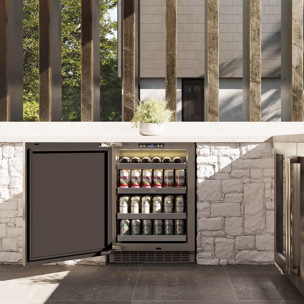 ZLINE 24 in. Touchstone 151 Can Beverage Fridge With Solid Stainless Steel Door (RBSO-ST-24) in outdoor patio area with door open and drinks inside