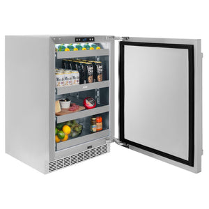 ZLINE 24 in. Touchstone 151 Can Beverage Fridge With Solid Stainless Steel Door (RBSO-ST-24) side, open, full.
