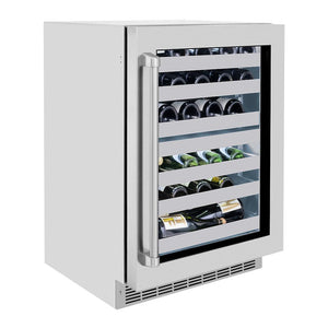 ZLINE Touchstone Under Counter Stainless Steel Beverage Fridge side with glass door closed and beverages inside.