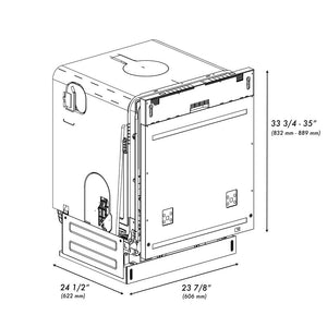 ZLINE 24 in. Panel Ready Monument Series 3rd Rack Top Touch Control Dishwasher with Stainless Steel Tub, 45dBa (DWMT-24) dimensional diagram with measurements.