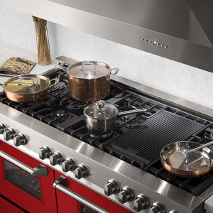 ZLINE 60 in. 7.4 cu. ft. Legacy Dual Fuel Range with 9 Burner Gas Cooktop and 2 Electric Convection Ovens in Stainless Steel and Red Gloss Doors (RA-RG-60) pots and pans on cooktop.