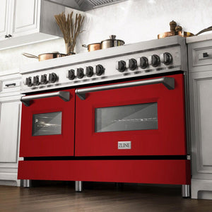 ZLINE 60 in. 7.4 cu. ft. Legacy Dual Fuel Range with 9 Burner Gas Cooktop and 2 Electric Convection Ovens in Stainless Steel and Red Gloss Doors (RA-RG-60) in a luxury kitchen, from below.
