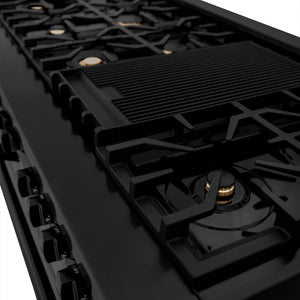 ZLINE 60 in. 7.4 cu. ft. Legacy Dual Fuel Range with 9 Burner Gas Cooktop and 2 Electric Convection Ovens in Black Stainless Steel (RAB-60) close-up, griddle on cast-iron grates.