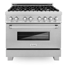 ZLINE 36 in. Professional Dual Fuel Range in Fingerprint Resistant Stainless Steel (RAS-SN-36) front, oven closed.