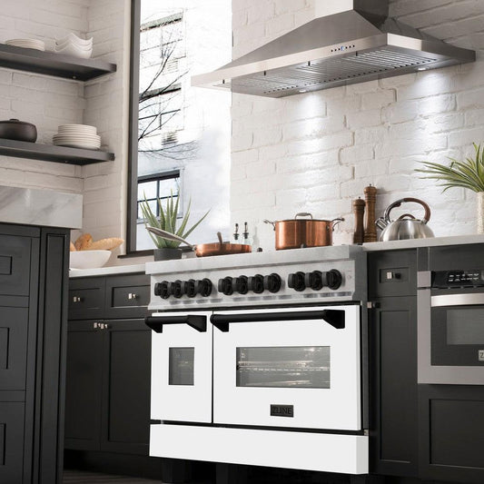 ZLINE Autograph Edition 48 in. 6.0 cu. ft. Dual Fuel Range with Gas Stove and Electric Oven in DuraSnow® Stainless Steel with White Matte Doors and Matte Black Accents (RASZ-WM-48-MB)-Ranges-RASZ-WM-48-MB ZLINE Kitchen and Bath