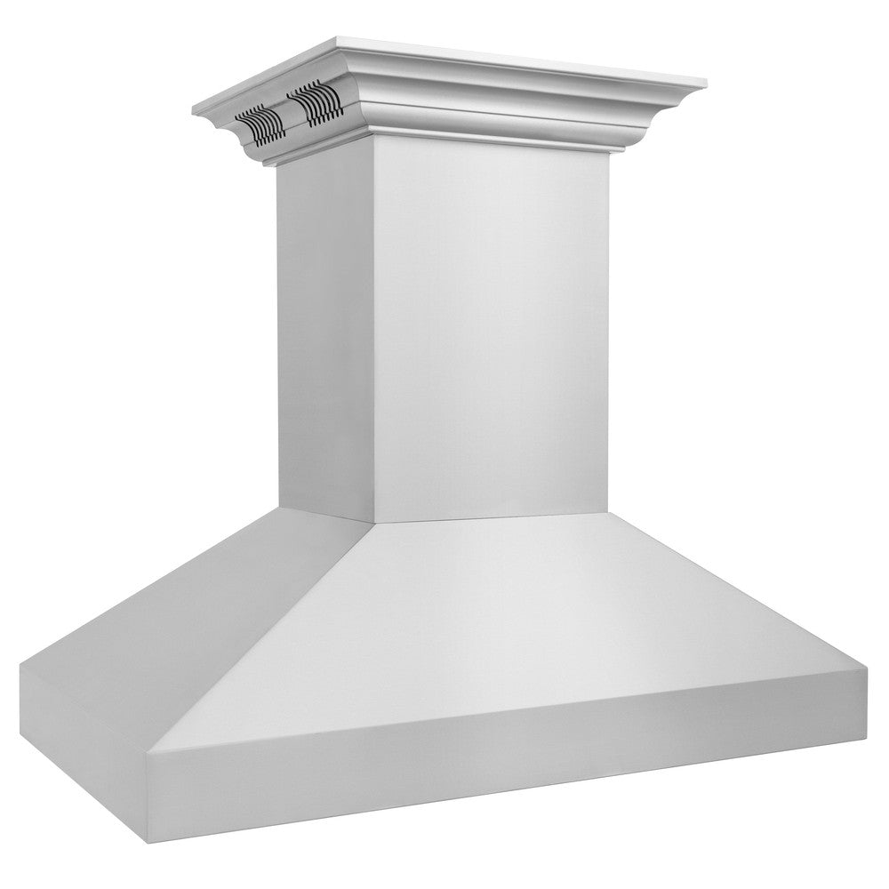 ZLINE Professional Island Mount Range Hood in Stainless Steel with Built-in ZLINE CrownSound Bluetooth Speakers (597iCRN-BT) side, above.