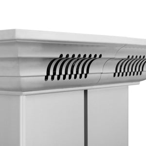 ZLINE Island Mount Range Hood in Stainless Steel with Built-in CrownSound Bluetooth Speakers (GL5iCRN-BT) close-up, CrownSound crown molding and built-in Bluetooth speaker.