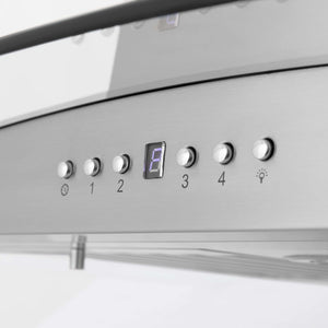 Button panel and display close-up on ZLINE Island Mount Range Hood in Stainless Steel and Glass (GL5i)