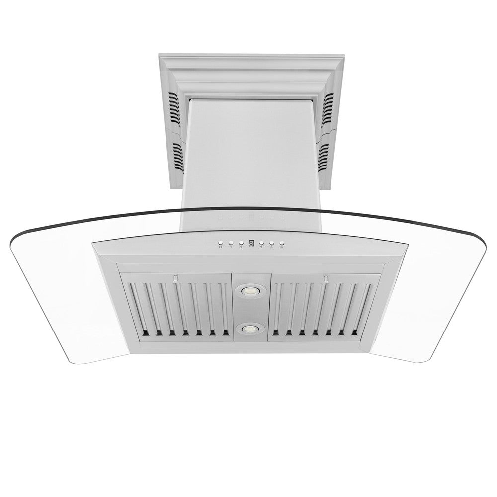 ZLINE Island Mount Range Hood in Stainless Steel with Built-in ZLINE CrownSound Bluetooth Speakers (GL5iCRN-BT) front, under.